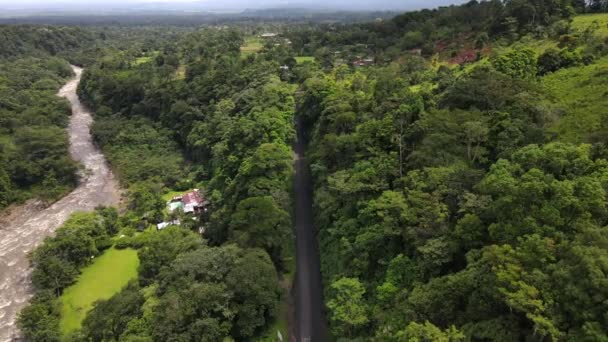 Drohne Abstieg Und Annäherung Eine Kleine Straße Tief Regenwald Südamerikas — Stockvideo