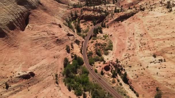 Birds Eye Aerial View Cars Scenic Route Zion National Park — стокове відео