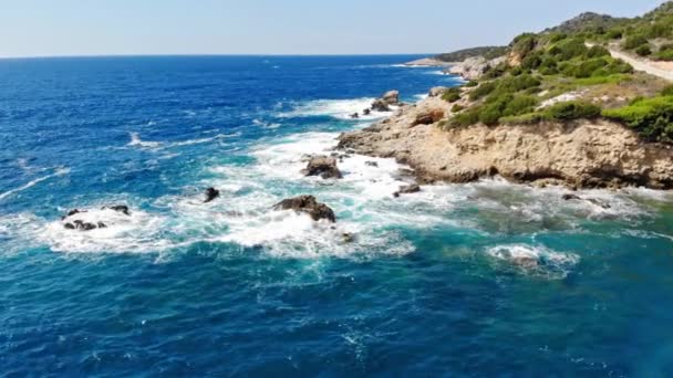 아름다운 Rocky Shore Green Vegetation Surround Blue Waters Sunny Day — 비디오
