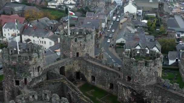 Historic Conwy Castle Aerial View Landmark Town Ruin Stone Wall — Stock Video