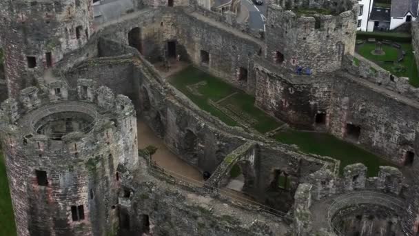 Castelo Conwy Histórico Vista Aérea Cidade Landmark Ruína Muralha Ameias — Vídeo de Stock