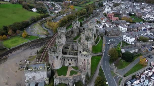 Castelo Conwy Histórico Vista Aérea Cidade Landmark Ruína Muralha Ameias — Vídeo de Stock