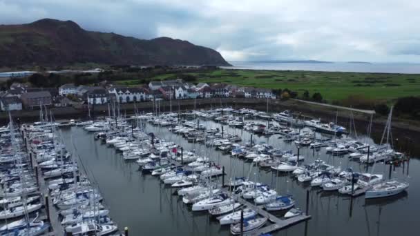 Naturskön Lyxig Hamn Lägenhet Yachter Och Segelbåtar Berg Kust Antenn — Stockvideo