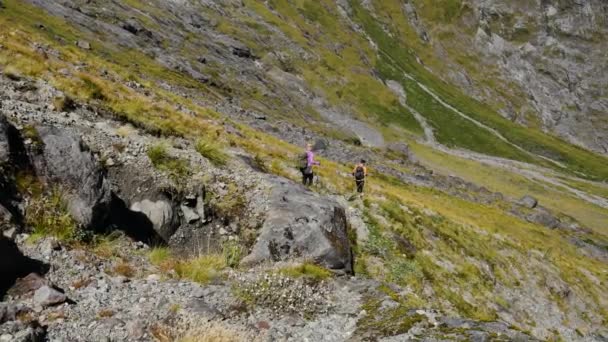 Pan Shot Coppia Escursionista Escursioni Discesa Ripide Montagne Verdi Durante — Video Stock