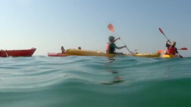 Sıcak Yaz Gününde Kanoyla Kürek Çeken Turistlerin Deniz Seviyesindeki Düşük — Stok video