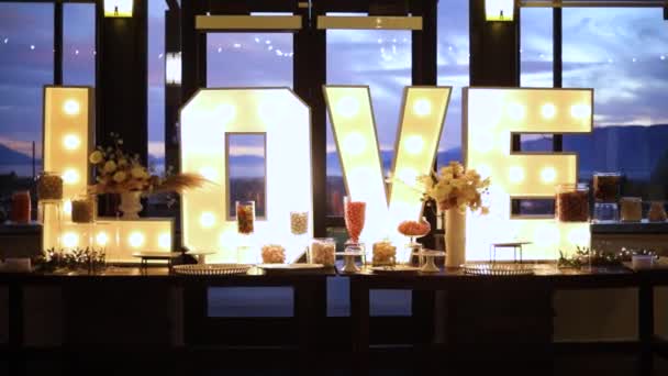Love Letters Led Light Display Decoration Food Wedding Reception Royalty Free Stock Video