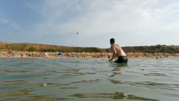 Slow Motion Low Angle Pov Goalkeeper Trying Ball Kicked Beach — Αρχείο Βίντεο