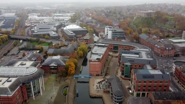 Nottingham Canal Britische Wasserstraßen Gebäude Drohnen Luftaufnahmen Lebendige Herbstfarben — Stockvideo