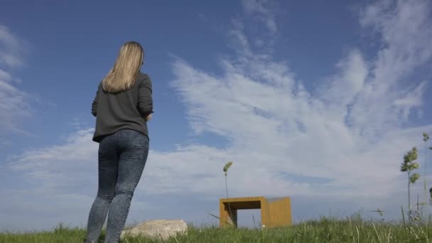 Jeune Femme Avec Télécommande Drone Quadcopter Sous Beau Ciel Jour — Video