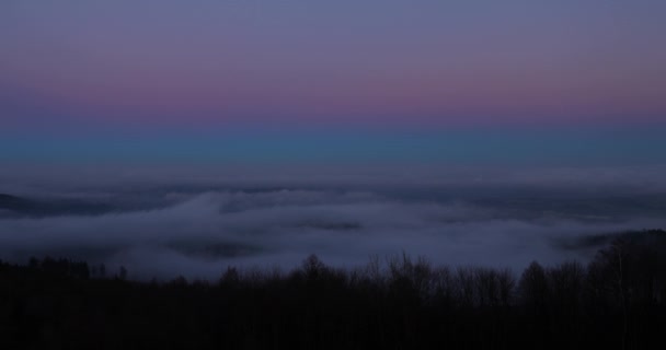 Clouds Fog Moving Sunrise City Surrounding Forests — Stock Video