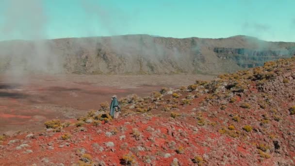 Person Walking Cliff Mountain Volcanic Area Aerial Drone — Stock Video