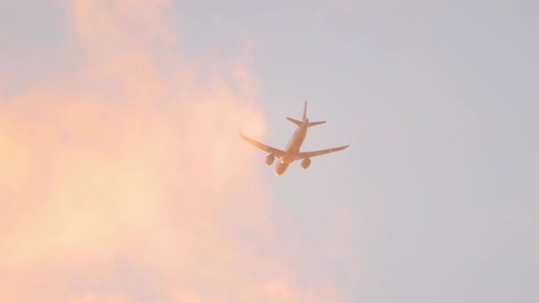 Passagierflug Durch Bunte Wolken Goldener Stunde Blick Von Der Erde — Stockvideo