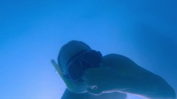 Dykare Med Snorkling Dykning Mask Simma Blått Havsvatten Och Plugga — Stockvideo