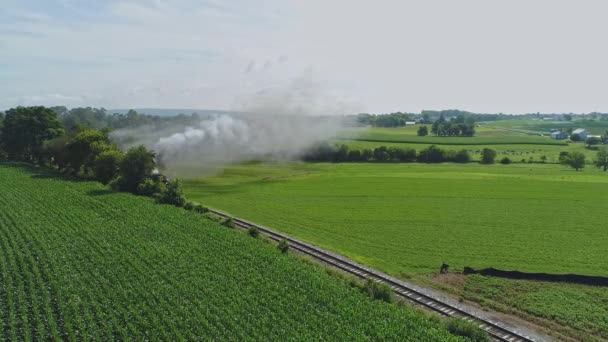 Aerial View Pennsylvania Countryside Single Steam Engine Approaching Smoke Steam — Stock Video