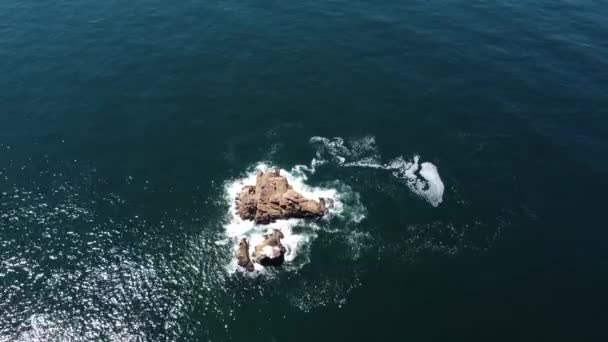 海の真ん中で岩の着実なビデオをドローン — ストック動画