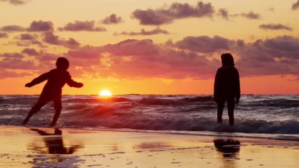 Twee Meisjes Het Strand Bij Zonsondergang Lopen Het Water Springen — Stockvideo
