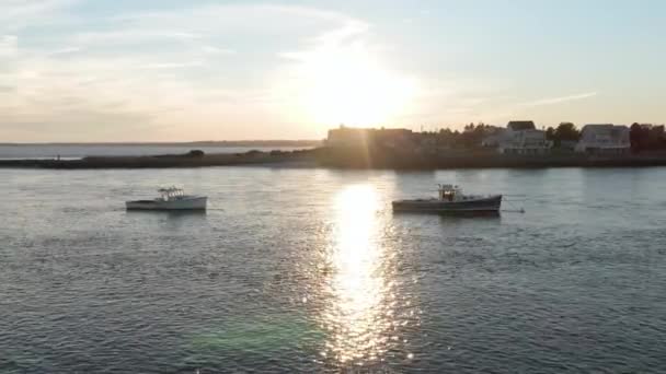 Gorgeous Aerial View Lobster Boats Coast Maine Sunset — Stock Video