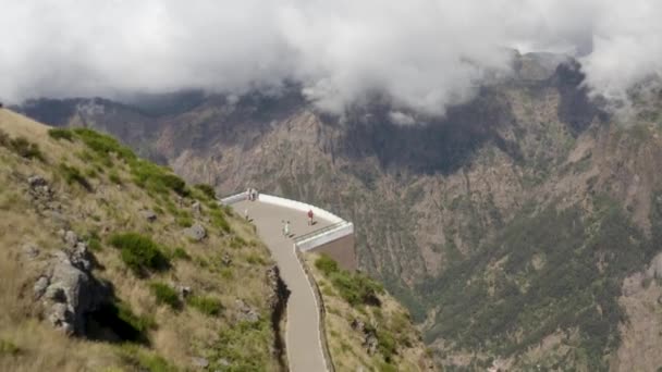 Moscas Aéreas Sobre Uma Plataforma Panorâmica Inclinações Para Baixo Madeira — Vídeo de Stock