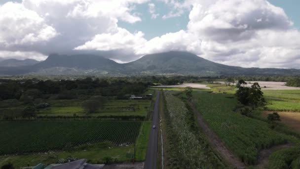 Tracciamento Aereo Girato Seguito Una Macchina Che Percorre Strada Campagna — Video Stock