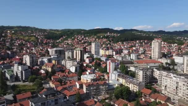 Downtown Uzice Serbia Drone Aerial View City Buildings Sunny Valley — Stock Video