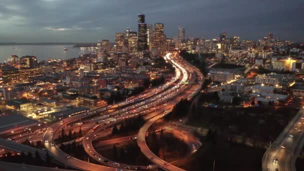 Cinematic Aerial Drone Night Trucking Shot Downtown Seattle Central Business — Stock Video