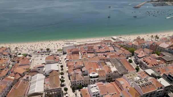 Aerial Backward Ascendent Sesimbra Coastal City Port Background Portugal — Stock Video