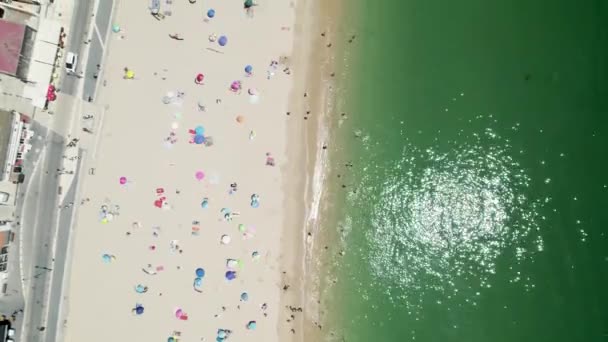 Personas Bañándose Tomando Sol Playa Sesimbra Portugal Arriba Abajo Aéreo — Vídeos de Stock