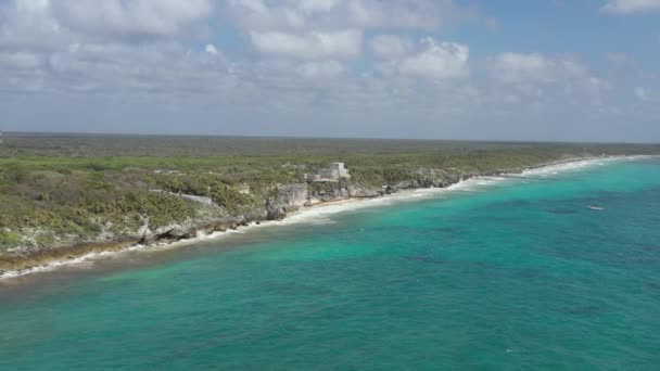 Vzduch Nad Tyrkysovými Vodami Karibského Moře Mayskými Troskami Pozadí Tulum — Stock video