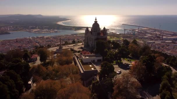 Drone Luchtfoto Viana Castelo Santa Luzia Klooster Kathedraal Met Stad — Stockvideo