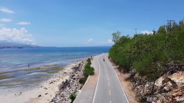 Воздушный Беспилотник Красивой Прибрежной Дороги Океана Мопедом Мотоцикл Вождения Вокруг — стоковое видео