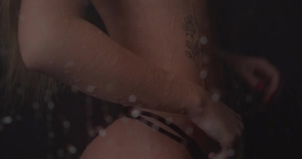 Hand Held Peek Young Lady Shower Black Bikini Bottoms — Stock Video