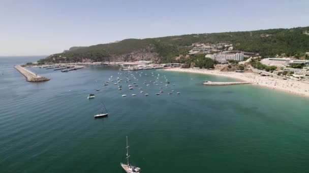 Sesimbra Hamn Full Lyx Vip Yachter Sett Från Luften Portugal — Stockvideo