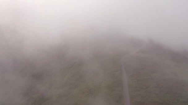 Smalt Bergspass Genom Skogen Täckt Med Tjock Dimma Madeira Antenn — Stockvideo