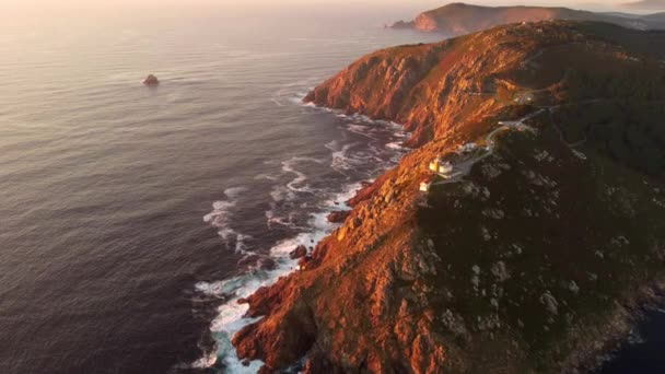 Paisagem Frontal Aérea Pôr Sol Vista Cape Finesterre Cabo Fine — Vídeo de Stock