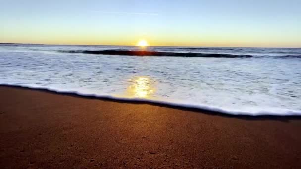 Adriatiska Havsvågor Våt Sand Stranden Albansk Kust Vid Solnedgången — Stockvideo