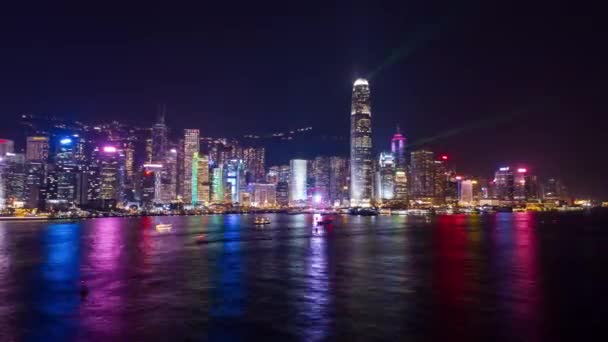 Lichtshow Und Skyline Der Nächtlichen Metropole Hongkong Weitreichende Fehleinschätzung — Stockvideo