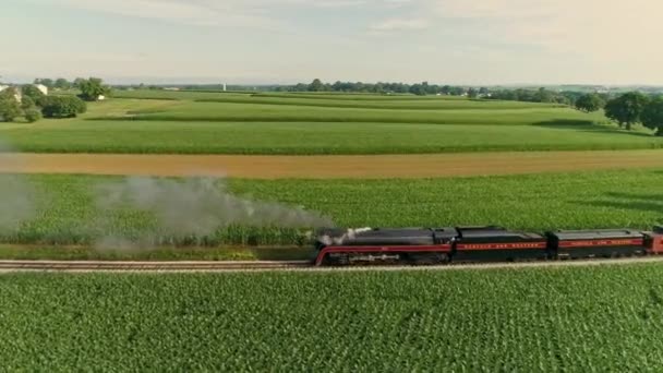 田舎に沿って移動するアンティーク蒸気機関と旅客コーチの空中からの眺め煙とドローンは平行に移動し 近くにあり 晴れた夏の日に — ストック動画