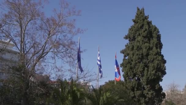 Banderas Grecia Unión Europea Ciudad Atenas Centro Atenas Grecia — Vídeo de stock