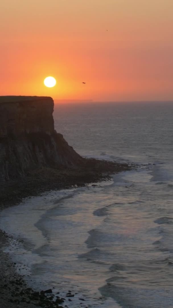 Verticale Video Zonsondergang Aan Kust Oceaan Klif Vogels Vliegen Golf — Stockvideo