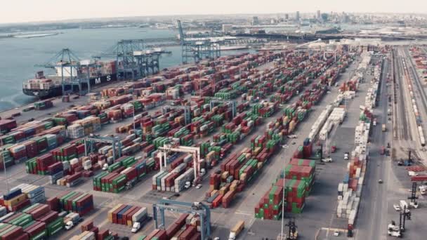 Contentores Carga Empilhados Principal Porto Embarque Congestionado Dos Eua — Vídeo de Stock