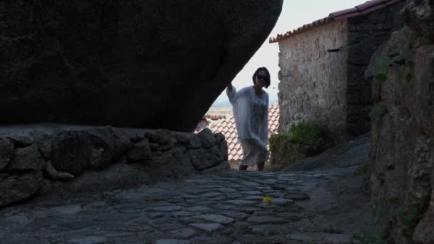 Woman Strolling Monsanto Ancient Village Portugal Ground Level Static View — Stock Video