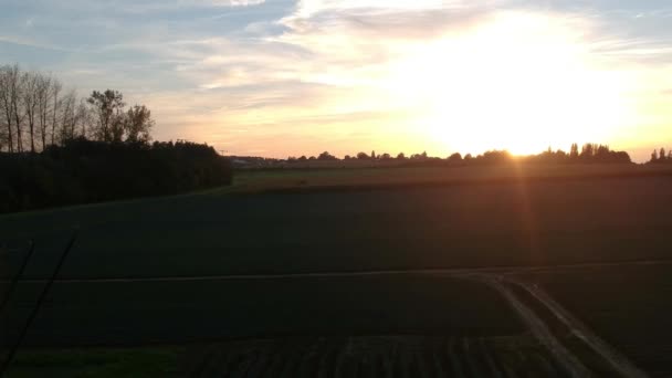 Drone Onthult Landbouwvelden Het Platteland Terwijl Zon Ondergaat Aan Horizon — Stockvideo