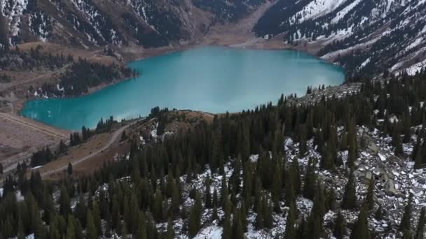Cinematic Fly Drone Shot Big Almaty Lake Trans Ili Alatau — Stock Video