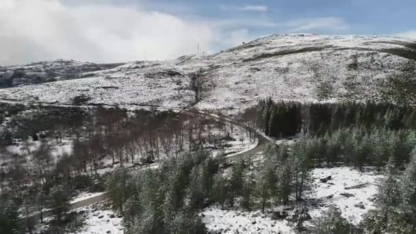 圣诞节的傍晚 高山上覆盖着冬季的森林 阳光明媚的日子 雪覆在山上 土路密布 冬季风景 — 图库视频影像