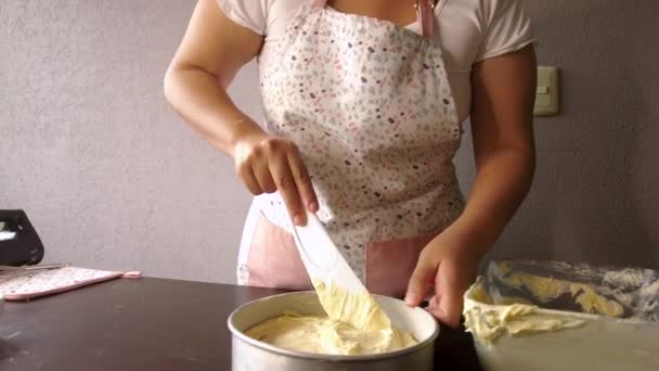 Femme Latine Portant Tablier Préparant Cuisson Gâteau Versant Étalant Pâte — Video