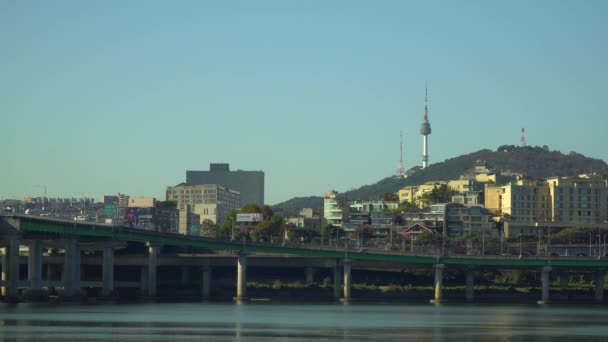 Сеул Панорама Річки Хан Ватерфронт Намсан Сеульська Вежа Рух Мосту — стокове відео