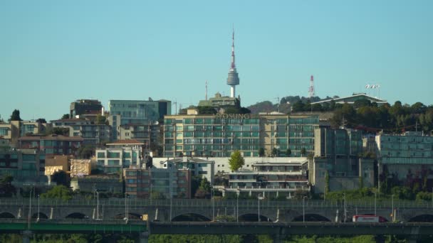 Seúl Torre Detrás Los Edificios Del Distrito Yongsan Namsan Sobre — Vídeo de stock
