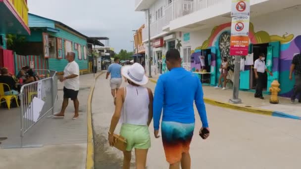 Tour Guide Explains History Boqueron Puerto Rico Downtown Neighbourhood Pan — Stock Video