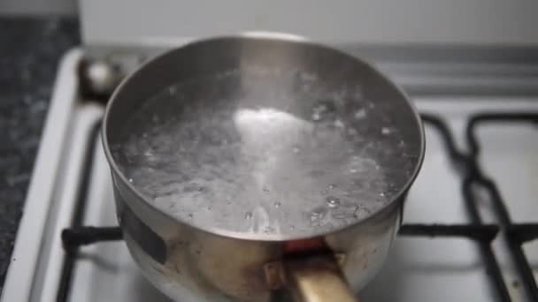 Acqua Bollente Una Vecchia Pentola Acciaio Inossidabile Arrugginita Sul Fuoco — Video Stock