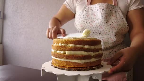 Latin Kvinna Bär Ett Förkläde Förbereda Matlagning Baka Tårta Lägga — Stockvideo